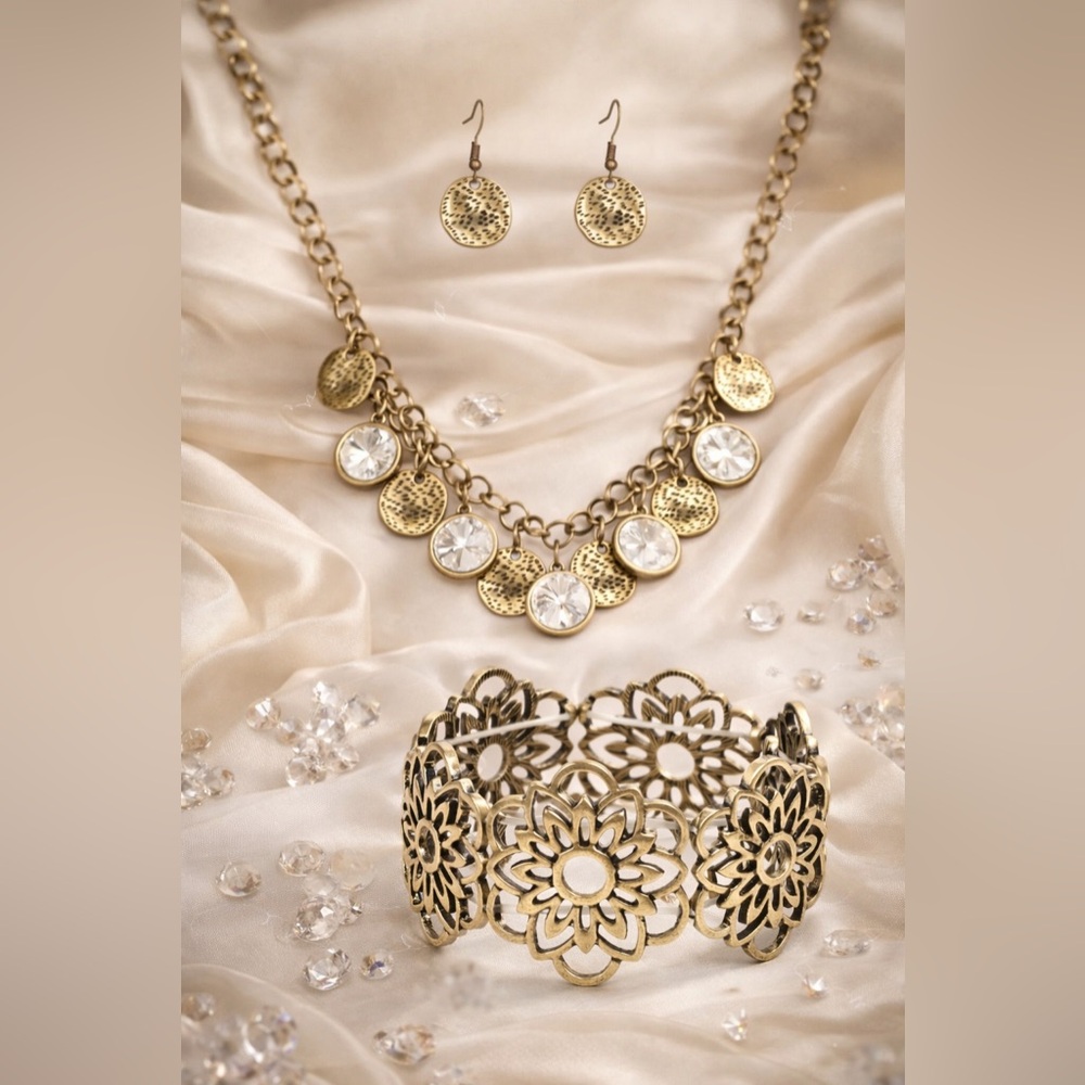 Antique Brass Necklace, Earrings & Bracelet Set | Crystal Floral